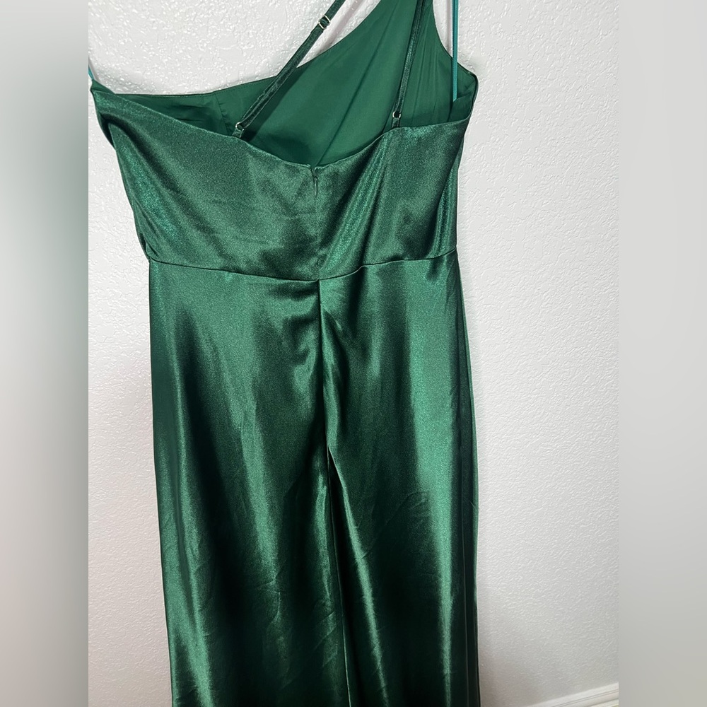 Birdy Grey One-Shoulder Satin Dress in Deep Green - Picture 5 of 6